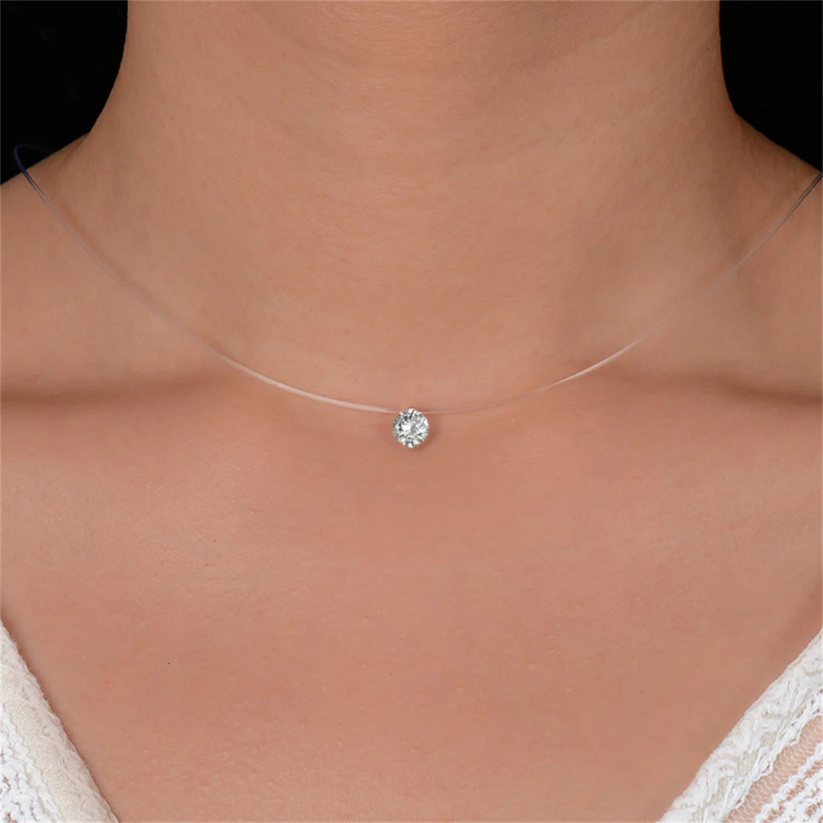 Fashion Shiny Crystal Necklace For Women Female Transparent Fishing Line Round Zircon Choker Minimalist Clavicle Chain Jewelry